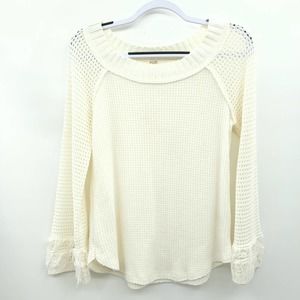 Altar'd State Ivory Waffle Knit & Crochet Fringe Long Sleeve Sweater Top Size M